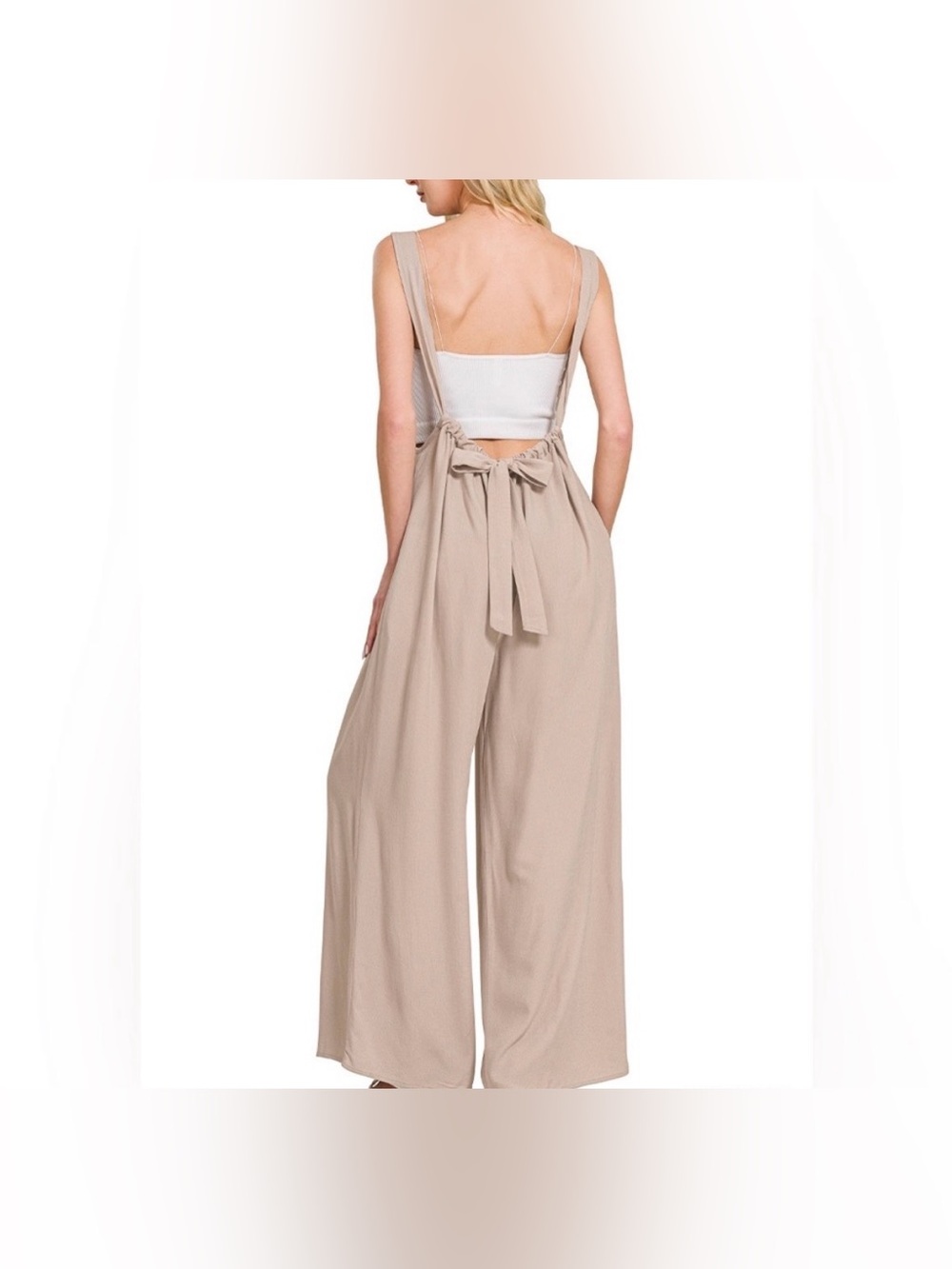 🆕 FREE Cami w/Beige Wide Leg Suspender Jumpsuit Adjustable Tie Back Rayon Romper - Picture 4 of 5